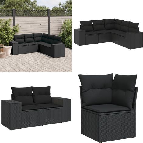 Salon de jardin 5 pcs avec coussins noir résine tressée - Salon De Jardin - Meuble De Jardin - Salon Extérieur - Ensemble De Canapés - Canapé D'angle - Home & Living (1/5)