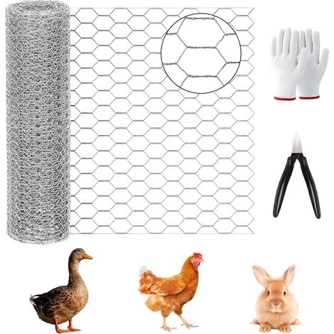 Galvanized Wire Mesh, 0.35m x 5m, Galvanized Wire Mesh for Rabbits, Hexagonal Wire Mesh Roll, Fine Mesh, Chicken Wire Mesh, Equipped with Clips and Gloves (1/5)