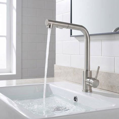Waschtischarmatur mit ausziehbarer Brause im modernen Stil – verchromter Badmischer in 7-Form für Aufsatzwaschbecken, aus Edelstahl, Warm- und Kaltwasser, mit Schläuchen inklusive