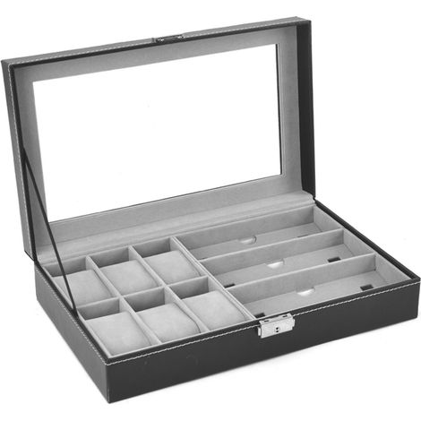 6-teiliges Uhren- und Schmuckkästchen mit 3-teiligem Brillen- und Sonnenbrillenhalter – Schwarz (1/5)