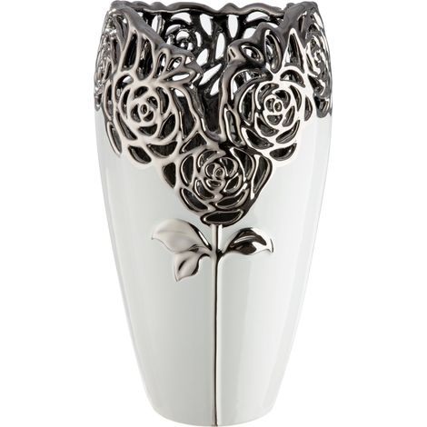 Vase Rose en céramique - Hauteur : 32 cm - Diamètre : 18 cm - Blanc émaillé avec Motif de Roses (1/4)