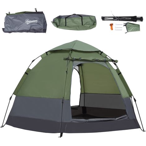 Tente pop up 3-4 personnes dôme étanche légère ventilée 2 portes 2,6L x 2,6L x 1,5H m fibre de verre polyester oxford vert gris