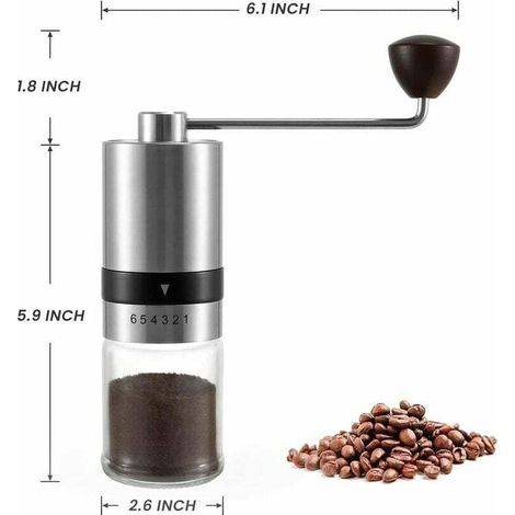 Macinacaffè manuale con 6 impostazioni regolabili, struttura in acciaio inossidabile, macinacaffè portatile ideale per ufficio, campeggio, viaggi e come regalo per la casa. (1/4)