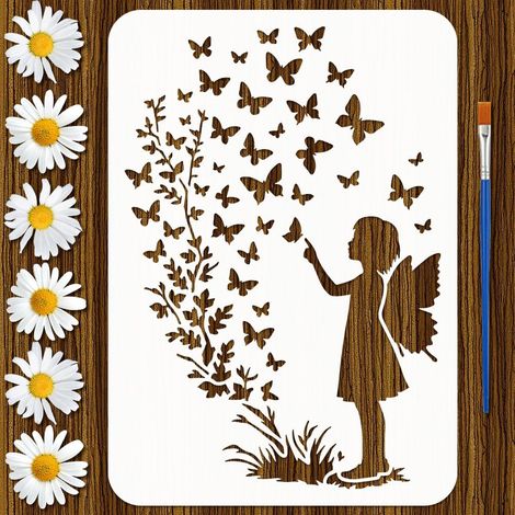 Pochoir Figure Papillon avec Pinceau 21x29.7 cm Pochoir Peinture Fille Gabarit Papillon pour Peinture sur Bois Mur Sol Tissu Meuble DIY Déco Maison (1/5)
