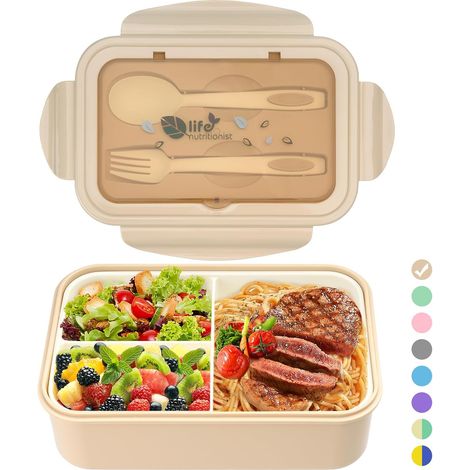 Lunchbox, Bento-Box, 3-Fächer-Lunchbox mit Besteck, auslaufsicher, kühlschrank-, spülmaschinen- und mikrowellenfest, ideal für Schule, Arbeit, Picknicks und Reisen. (1/5)
