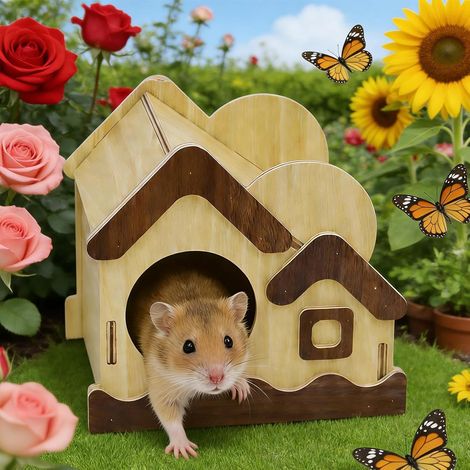 Maison de hamster en bois naturel « Village » – Abri sûr et décoratif pour les hamsters, les gerbilles et les petits rongeurs (1/5)
