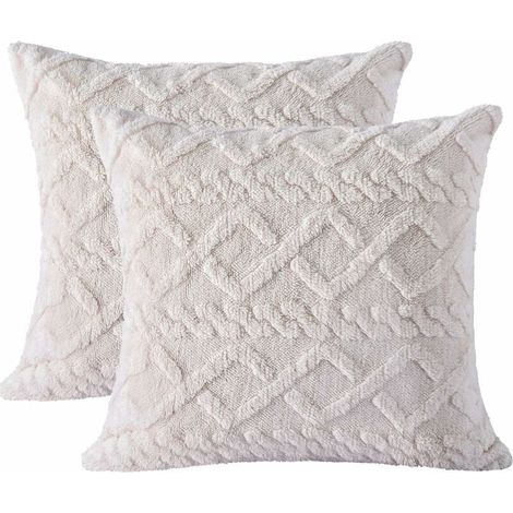 Lot de 2 housses de coussin beiges en peluche crème douce 45 x 45 cm, taies d'oreiller carrées de style bohème avec taies d'oreiller courtes et mouses en fausse laine pour canapé, chambre à coucher, s (1/4)