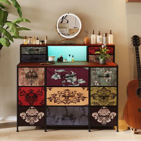 Coiffeuse Vintage avec 13 Tiroirs,Commode Multicolore,Meuble de Rangement avec LED RGB et Ports USB/Prise,Multi-usages,109x28x97 cm (1/5)