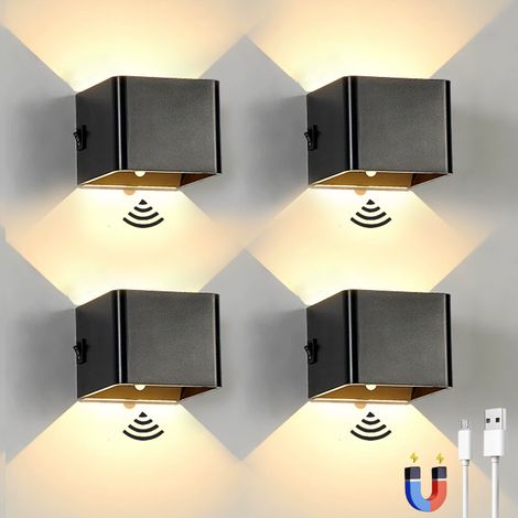 Lot de 4 appliques murales LED rechargeables avec détecteur de mouvement, lampe murale magnétique sans fil, 2 modes d'éclairage, noire (1/5)