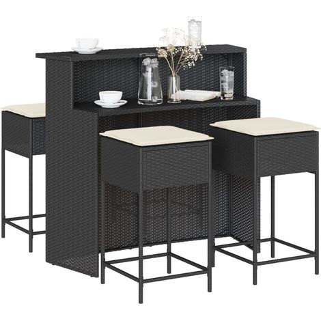 5-tlg. Gartenbar-Set mit Kissen Schwarz Poly Rattan