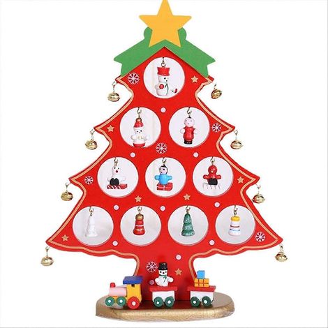 Sapin de Noël en bois à décorer, kit créatif 10 trous rouge, décoration festive plate pour table, cadeau DIY (1/5)