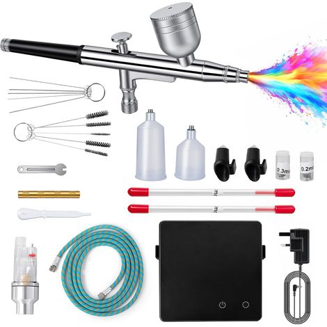 Kit Aérographe Compresseur 40 PSI Double Action avec 3 Tailles de Buses (0,2/0,3/0,5 mm), 3 Aiguilles, Capuchons de Buse, Kit de Nettoyage et Pipette pour Modélisme, Maquillage, Peinture de Voiture (1/5)