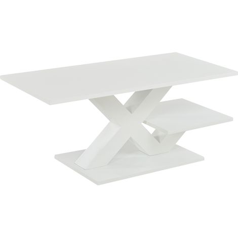 Table basse rectangulaire blanche en MDF avec double plateau et pieds géométriques en X, 100x48x45 cm (1/5)