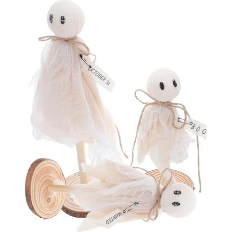 Decoración de Halloween para el hogar: juego de 3 fantasmas de madera de estilo original, ideales para centros de mesa, estantes y repisas de chimenea. (1/4)