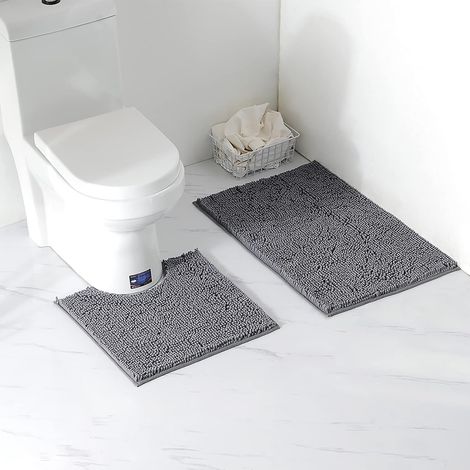 Two-piece bathroom/toilet mat set, made of thickened chenille material, soft, absorbent, non-slip, and machine washable (dark gray).