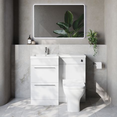 Napoli 390 Gloss White 1000mm 2 Drawer Vanity Unit Toilet Suite with Left Hand Square Lucia Basin - 1000mm - Chrome 320mm HandleWith Kingston Toilet Pan and Seat