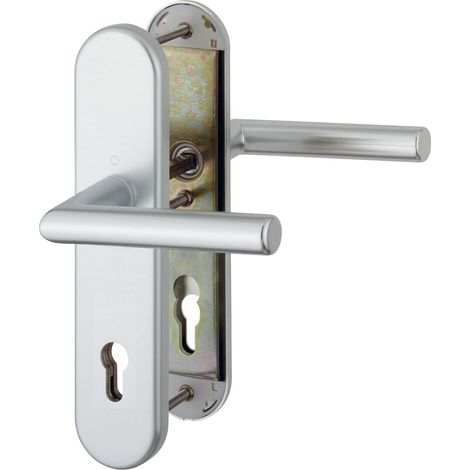 Poignée de sécurité Norme Distance 88 mm, plaque longue Profil Protection pour épaisseur de porte 62–72 mm sans Kern Cylindre, classe 3, en aluminium anodisé Argenté, 1 pièce