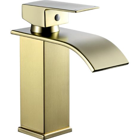 Robinets de lavabo cascade en or brossé pour salle de bain - Robinet mitigeur carré monobloc 1 trou avec tuyaux G1/2" - Robinets modernes de vestiaire - En acier inoxydable sans plomb (1/5)