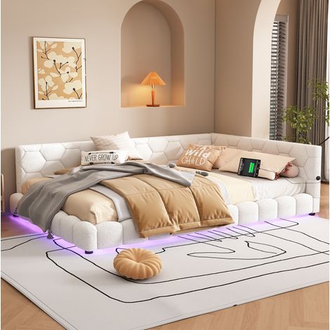 Sofá cama 140/200 cm blanco de MDF y tejido efecto borreguito con LED y USB-C (1/5)