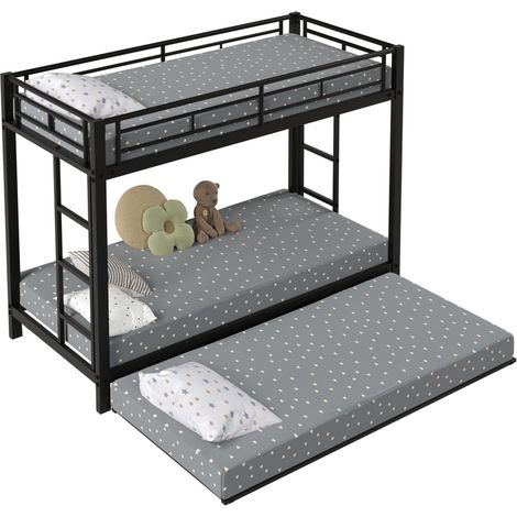 Litera infantil 90x200 cm con cama nido extraíble, barandillas altas y estructura metálica negra, certificada EN747, para dormitorio infantil moderno - CHICFURN (1/5)