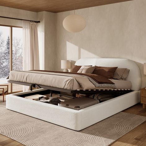 Bett 160x200 cm gepolstert in Beige Bouclé mit Kopfteil, Lattenrost und hydraulischem Stauraum (1/5)