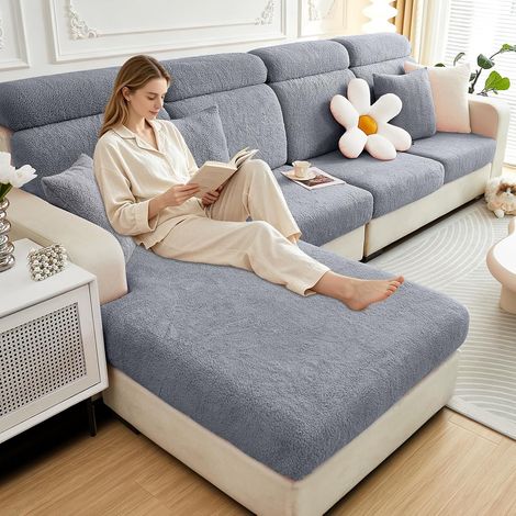 Sofa Seat Cushion Covers, Stretch Sherpa Fleece Sofa Cushion Cover, Dustproof Furniture Protector Cover with Elastic Bottom (2 Seater, Dark Grey) (1/5)