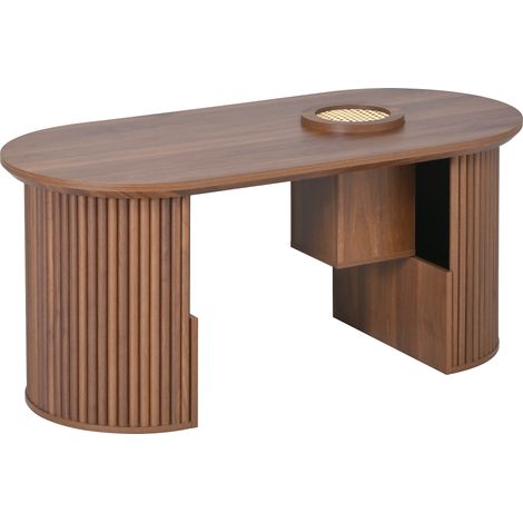 Mesa de centro ovalada de MDF color nogal con textura vertical, 105 x 50 x 46,5 cm (1/5)