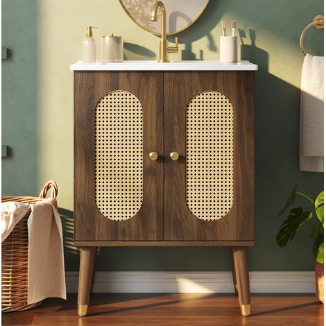 Mueble con lavabo 61 cm en MDF y cerámica, puertas de ratán, nogal, con patas DESVIAE (1/5)