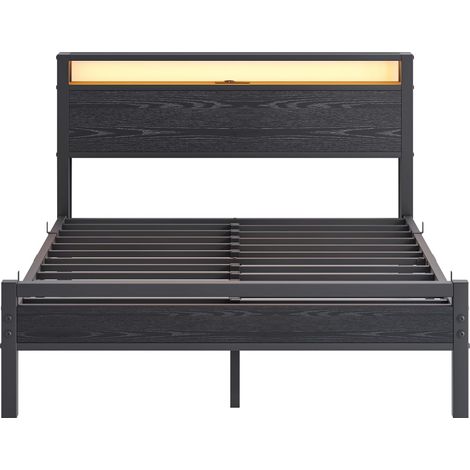 Lit 140x190 avec rangement, cadre en métal, USB-C et LED, tête de lit avec niches, style moderne, idéal pour chambre ado ou invité, sans sommier - CHICFURN (1/5)