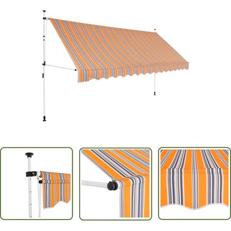 The Living Store Auvent rétractable manuel 350 cm Rayures jaunes et bleues - Auvent Retractable - Auvent Manuel - Store Banne - Parasol - Protection Solaire (1/5)