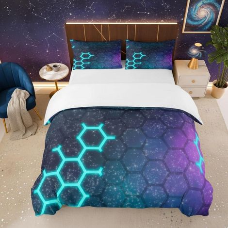 Bettwäsche Set mit Sternen & Hexagon Muster, Blau/Lila, Mikrofaser, L