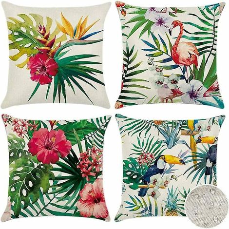 lot De 4 Extrieur Housse De Coussin 45x45cm, Impermable Plantes Et Fleurs Tropicales Et Oiseaux Motif Canap Taie D'oreiller Pour Patio Jardin Salo (1/5)