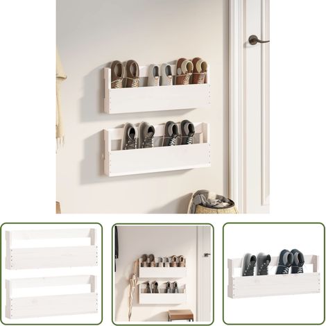The Living Store Étagères à chaussures murales 2 pcs Blanc 59x9x23 cm Pin massif - Étagères À Chaussures - Rangement Chaussures - Meuble Chaussure - Organisateur Chaussures - Étagères Murales (1/5)