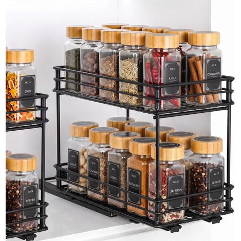 Étagère À Épices,Rangement Épices Cuisine Extensible À 2 Niveaux – Organisateur Placard Cuisine Avec Glissement Synchronisé, 2 Fixations (26  15  21.8cm) (1/5)