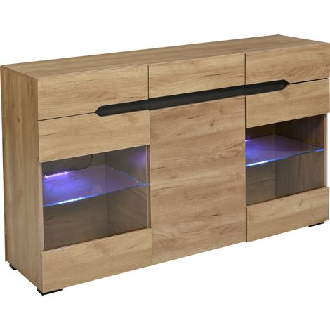ELVMI Buffet et Enfilade avec 3 Portes et 3 Tiroirs LED contrôlée par Application en Bois, 140 x 35 x 80 cm, Chêne (1/5)