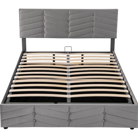 Lit double coffre hydraulique en velours gris 140 x 200 avec tête de lit réglable (1/5)