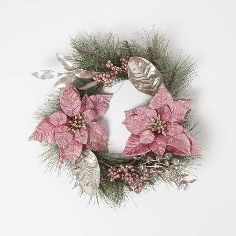 HOMESCAPES Pink Poinsettia Christmas Wreath, 45 cm (1/5)