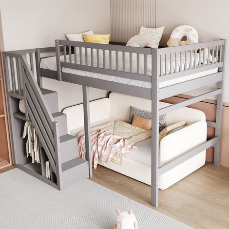 Lits superposés 140x200 bois massif gris, escalier avec placard, garde-corps haut - Cadre lit enfant et adolescent (sans Matelas) (1/5)