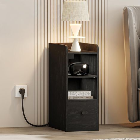 Table de chevet noir avec multiprise – Ports USB et Type C – Design incurvé – Tiroir et étagère réglable – Dimensions 38x24x60 cm (1/5)