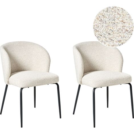 Polsterstuhl 2er Set Hellbeige Bouclé Meliert mit Schwarzen Metallbeinen Ohne Armlehnen Modern Esszimmer Wohnzimmer Ausstattung Sitzmöbel