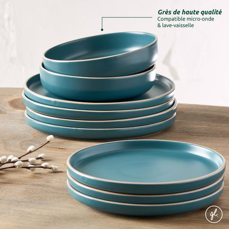 Service de Table en Grès Bleu 18 pièces pour 6 personnes - Assiettes plates, assiettes creuses, assiettes à dessert - Forme droite, bord émail collection AEKI (1/4)