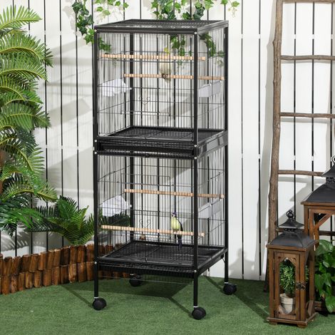 Cage à oiseaux d'intérieur avec roues et bacs amovibles, 51,5 x 50 x 140 cm, noir (1/5)