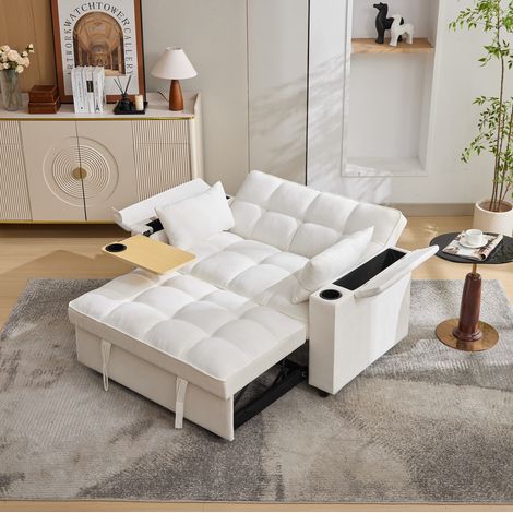 Sofá cama 2 plazas 140,5 x 74 x 82 cm, respaldo regulable, USB/Type-C, beige HAVRYA (1/5)