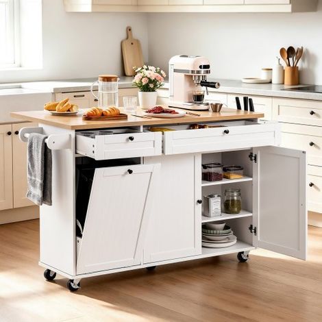 Desserte de Cuisine sur Roulettes 153 cm de Large, Îlot Central Mobile avec Abattant, 2 Tiroirs, Porte-couteaux et épices, Porte-serviettes et Armoire à Poubelle, Salle à Manger Garde-manger (1/3)