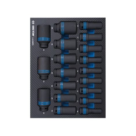 Module mousse 19 pièces douilles chocs longues 1/2' – Dimensions 10 à 36 mm – Pour usage professionnel en mécanique – King Tony (1/2)