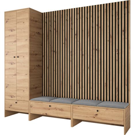 Meuble d'entrée Donio VI, Chêne Artisan + Manila 16, 206x230x44cm, Stratifié, Tissu, À poser