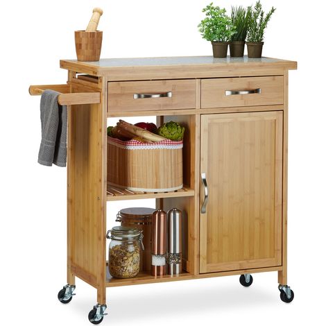 Relaxdays Wooden Kitchen Cart, Bamboo, 4 Wheels, Marble Tabletop, with Drawer, HxWxD: 85.5 x 89.5 x 36 cm, Natural (1/5)