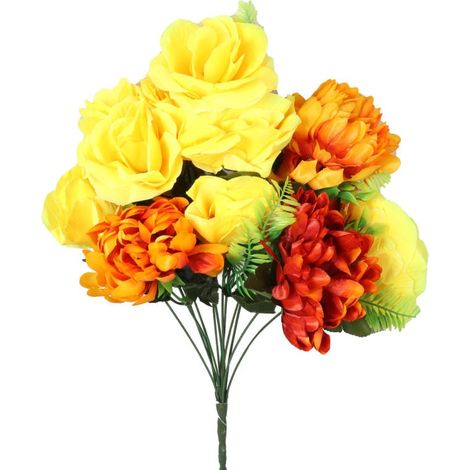 Bouquet di fiori artificiali, mix di rose e crisantemi, arancioni e gialli, 50 cm (1/2)