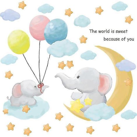 A Set of Wall Stickers, Elephants Moon Clouds Stars Balloons Wall Decor for Living Room Office Bedroom Kitchen Removable Stickers (1/5)
