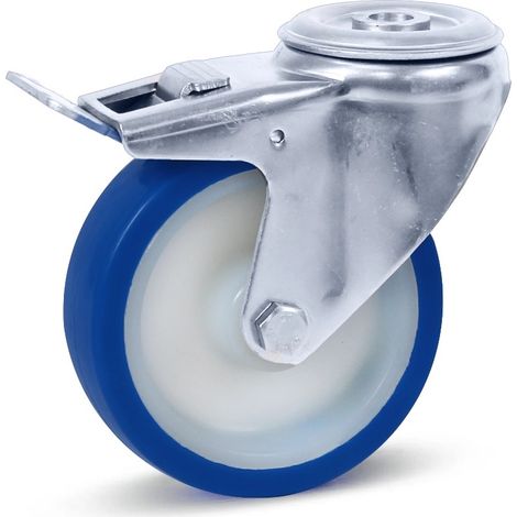 Roulette pivotante freinée - MESO - PU inox - Trou central - 100mm - 180kg